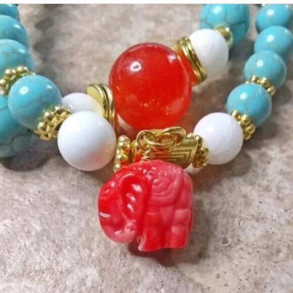 Elephant Lovers Bracelet ~ Aqua White + Salmon Stretch Bracelet ~ 7-7.5" Wrist - Picture 6 of 8